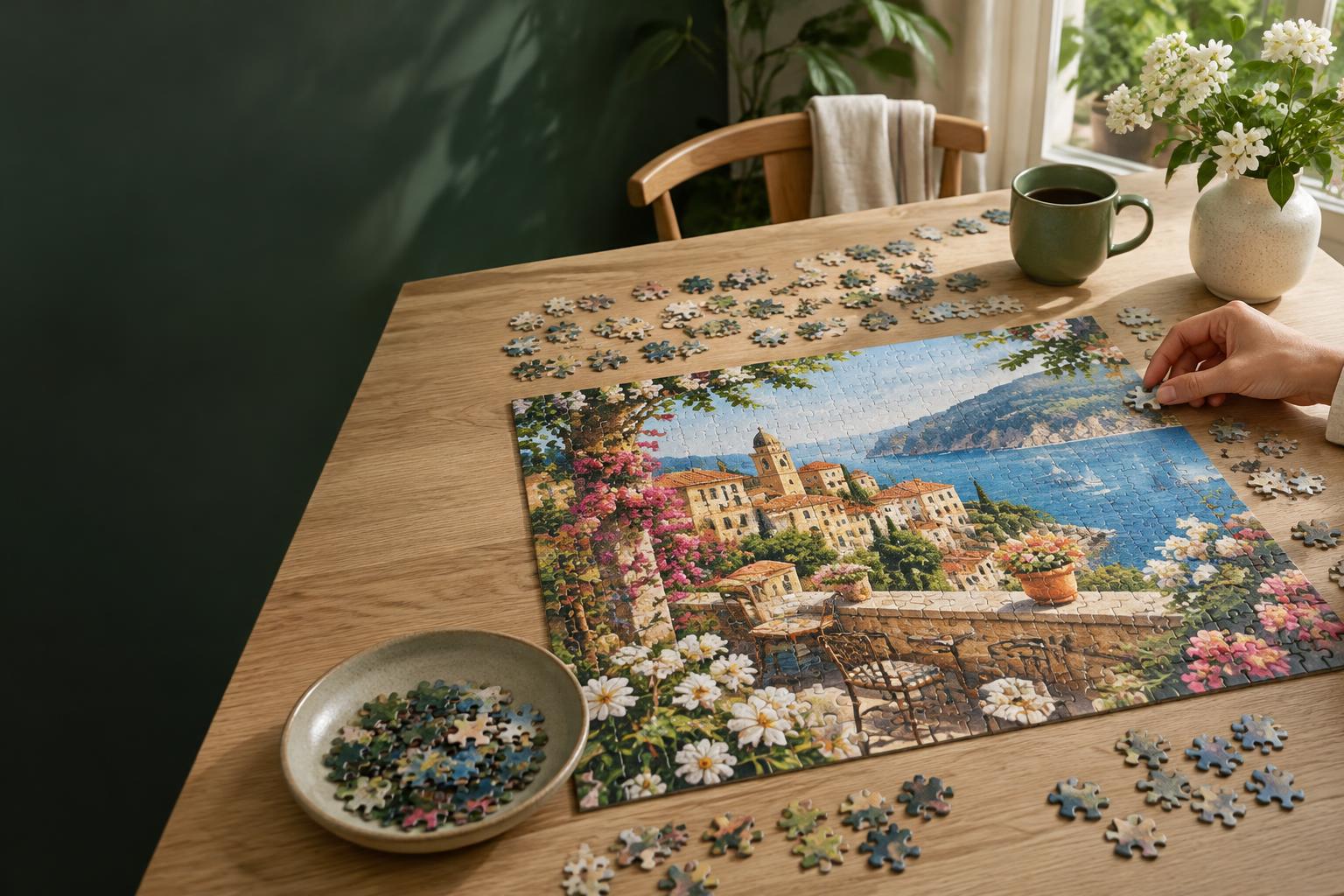 A quiet afternoon assembling a colorful jigsaw puzzle at a sunlit table